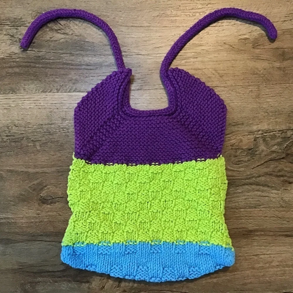 VINTAGE Handmade Knitted Baby Bib Purple Green Blue 80’s 90’s